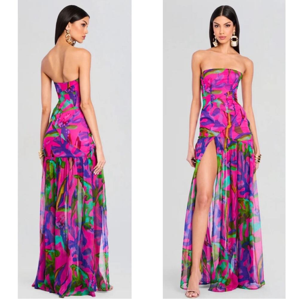 RETROFETE Nicole Strapless Silk Floral Tropical Leaf Pink Maxi Dress Size XL